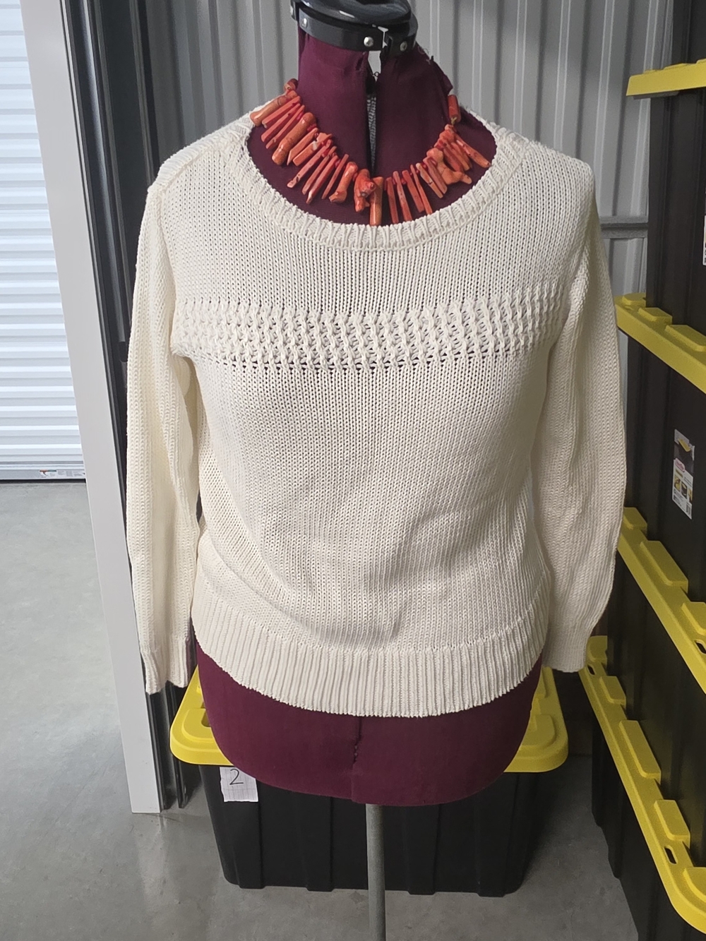 Elie Tahari Cream Open-Stitch Crewneck Sweater